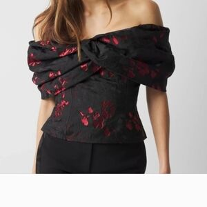 Elegant Off-Shoulder Black and Red Floral Top